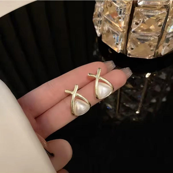 Gold X Pearl Stud Earrings Boho Bloom