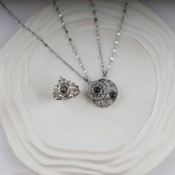 Love Moon Couple Necklace With Crown Ring Boho Bloom