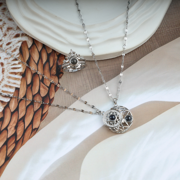 Love Moon Couple Necklace With Crown Ring Boho Bloom