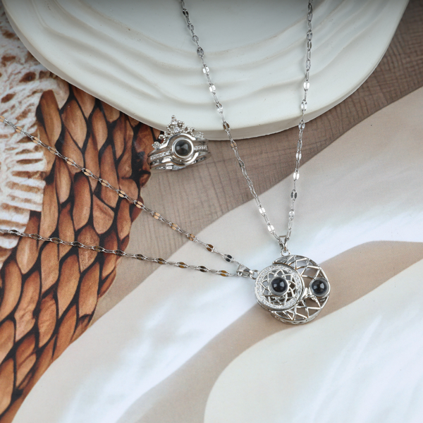 Love Moon Couple Necklace With Crown Ring Boho Bloom