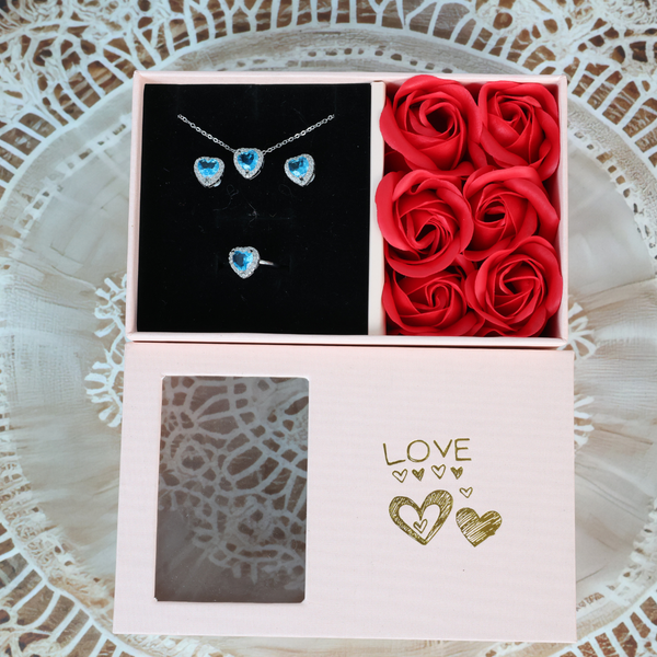 Love Blue Heart Shape Necklace, Ring, Earring Set Boho Bloom