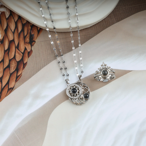 Love Moon Couple Necklace With Crown Ring Boho Bloom