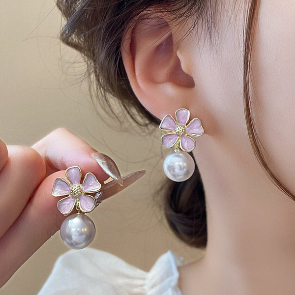 Elegant Pink Flower White Pearl Earring Boho Bloom