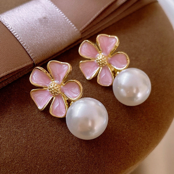 Elegant Pink Flower White Pearl Earring Boho Bloom