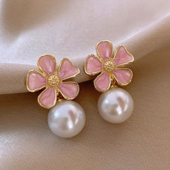 Elegant Pink Flower White Pearl Earring Boho Bloom