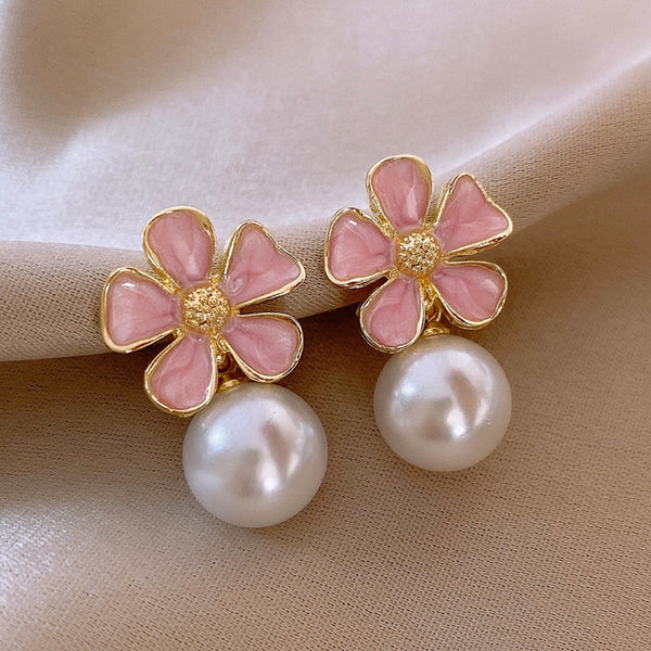 Elegant Pink Flower White Pearl Earring Boho Bloom