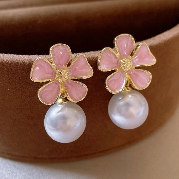 Elegant Pink Flower White Pearl Earring Boho Bloom