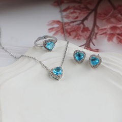 Love Blue Heart Shape Necklace, Ring, Earring Set Boho Bloom