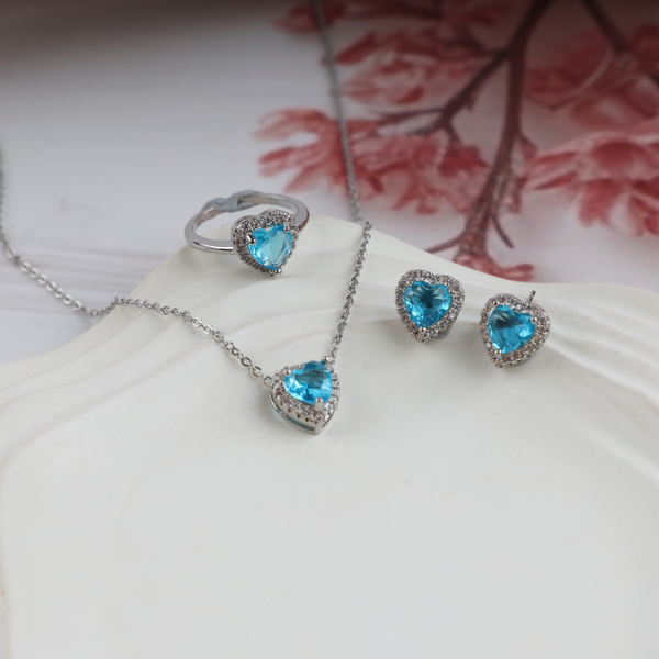 Love Blue Heart Shape Necklace, Ring, Earring Set Boho Bloom
