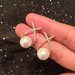 Pearl and Diamond Crossover Earrings Boho Bloom