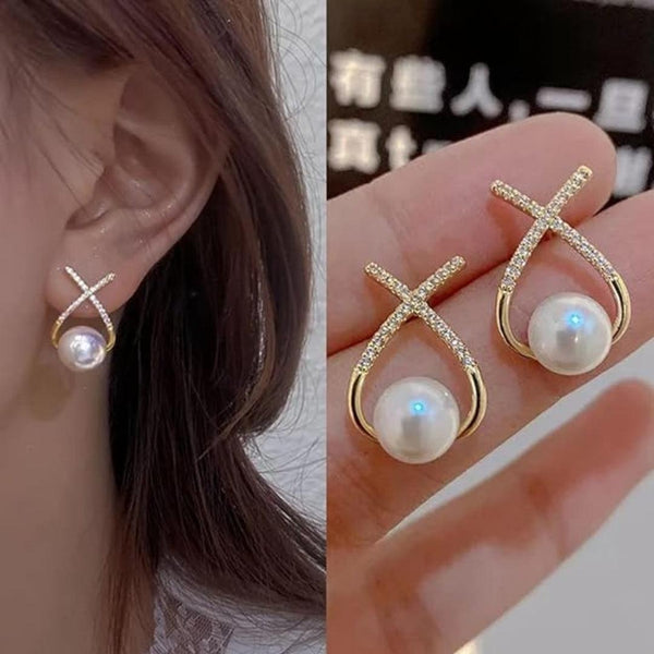 Pearl and Diamond Crossover Earrings Boho Bloom
