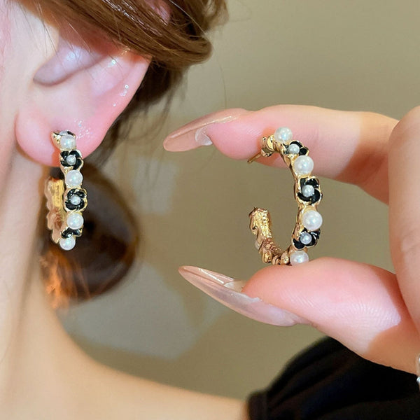 Gold Plated Tiny Black Flower Pearl Hoop Earring Boho Bloom