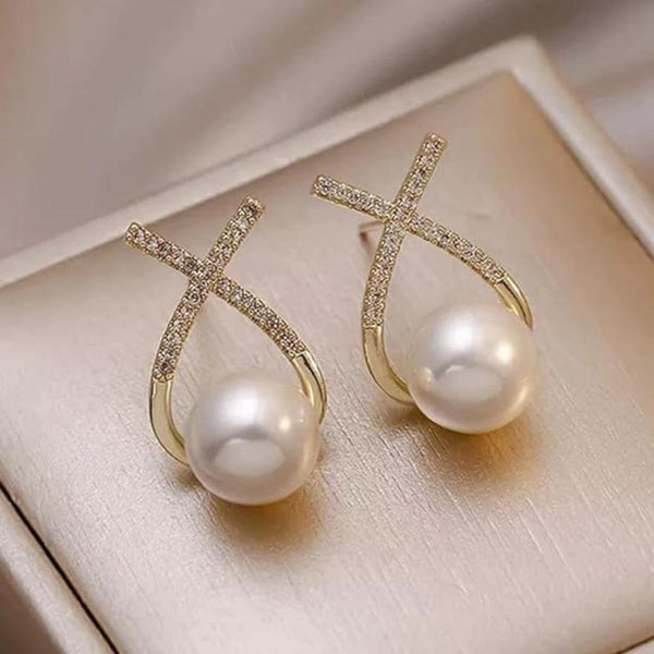 Pearl and Diamond Crossover Earrings Boho Bloom