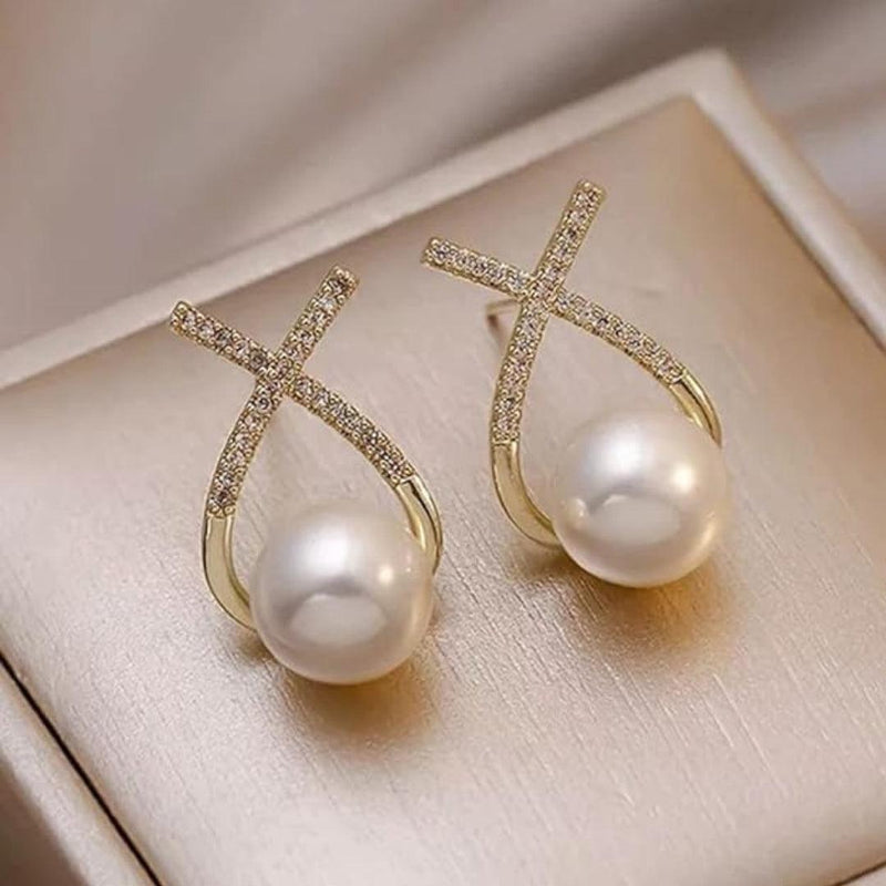 Pearl and Diamond Crossover Earrings Boho Bloom