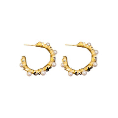Gold Plated Tiny Black Flower Pearl Hoop Earring Boho Bloom