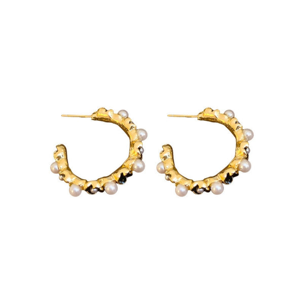 Gold Plated Tiny Black Flower Pearl Hoop Earring Boho Bloom