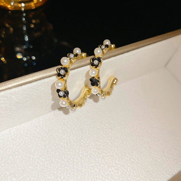 Gold Plated Tiny Black Flower Pearl Hoop Earring Boho Bloom