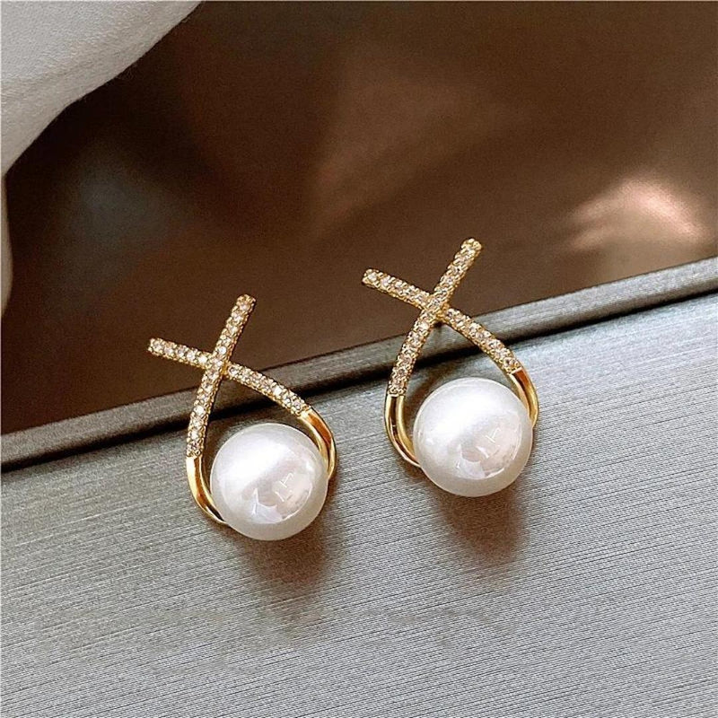 Pearl and Diamond Crossover Earrings Boho Bloom