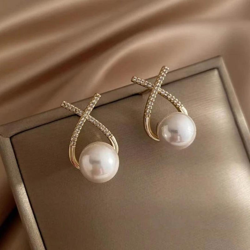 Pearl and Diamond Crossover Earrings Boho Bloom