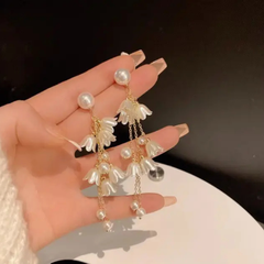 White Flower Pearl Tassel Earring Boho Bloom