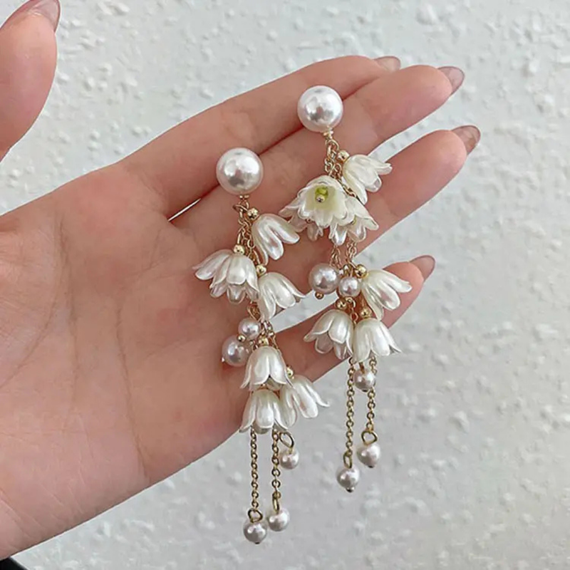 White Flower Pearl Tassel Earring Boho Bloom