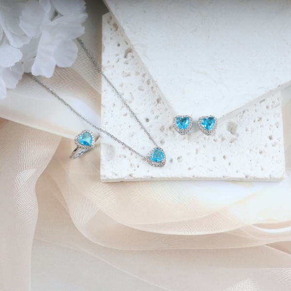 Love Blue Heart Shape Necklace, Ring, Earring Set Boho Bloom