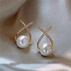 Pearl and Diamond Crossover Earrings Boho Bloom