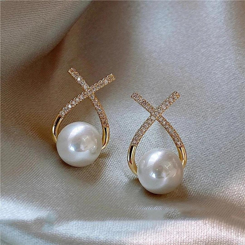 Pearl and Diamond Crossover Earrings Boho Bloom