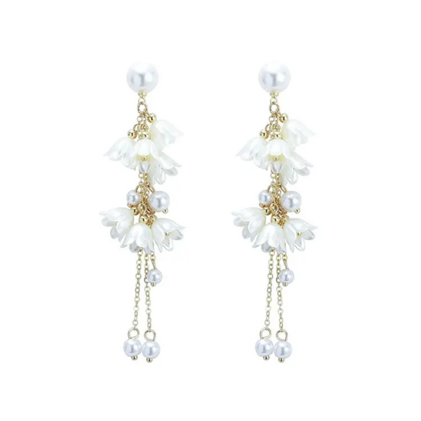 White Flower Pearl Tassel Earring Boho Bloom