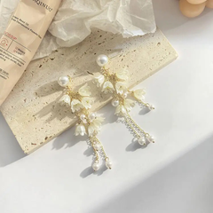 White Flower Pearl Tassel Earring Boho Bloom