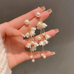 White Flower Pearl Tassel Earring Boho Bloom