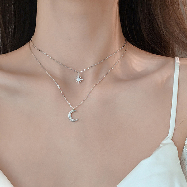 Silver Plated Star Moon Necklace Boho Bloom