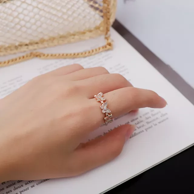 Rose Gold Plated Multi Butterfly Crystal Ring Boho Bloom