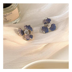 White Gold, Blue Quartzite Quartz and Brown Diamond Flower Stud Earrings Boho Bloom