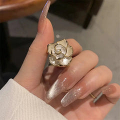 Gold Pearl Flower Open Ring Boho Bloom