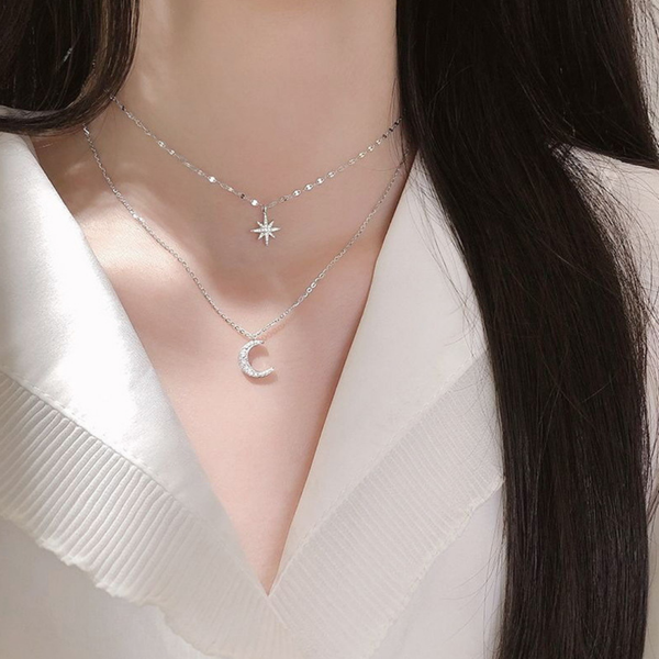 Silver Plated Star Moon Necklace Boho Bloom