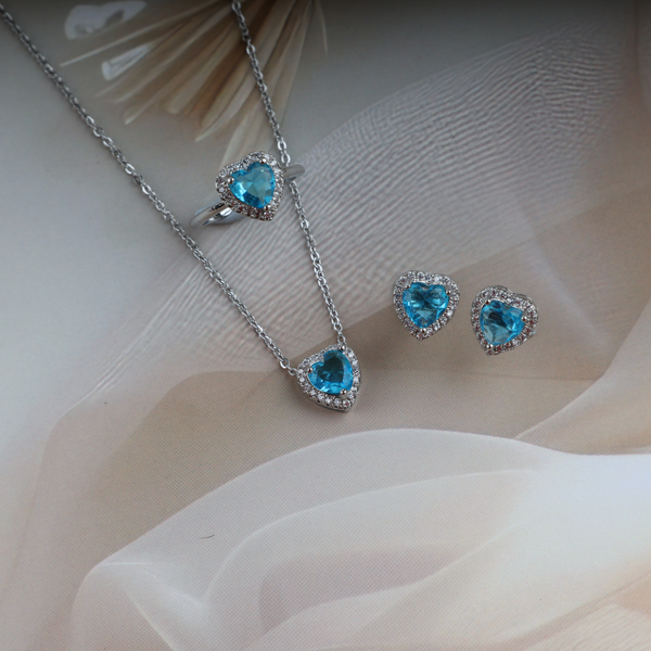 Love Blue Heart Shape Necklace, Ring, Earring Set Boho Bloom