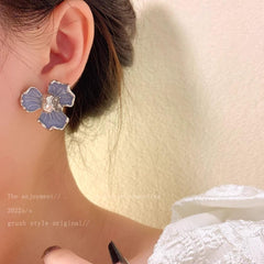 White Gold, Blue Quartzite Quartz and Brown Diamond Flower Stud Earrings Boho Bloom