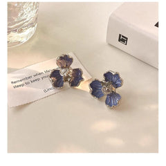 White Gold, Blue Quartzite Quartz and Brown Diamond Flower Stud Earrings Boho Bloom