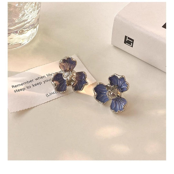 White Gold, Blue Quartzite Quartz and Brown Diamond Flower Stud Earrings Boho Bloom
