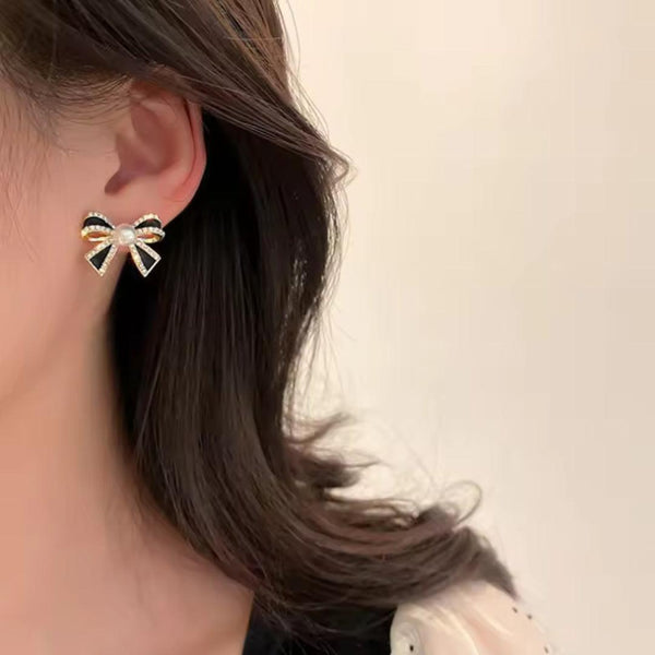 Black Bow Pearl and Rhinestone Earrings Boho Bloom