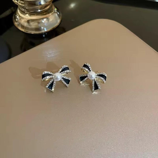 Black Bow Pearl and Rhinestone Earrings Boho Bloom