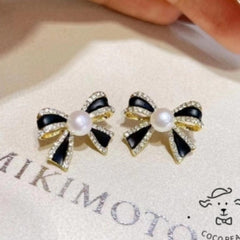 Black Bow Pearl and Rhinestone Earrings Boho Bloom