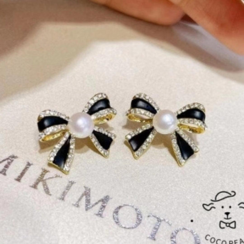 Black Bow Pearl and Rhinestone Earrings Boho Bloom