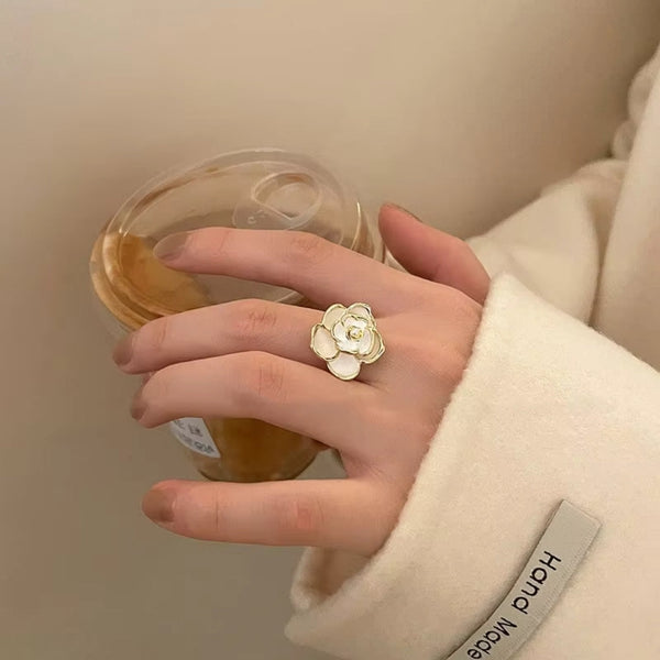 Gold Pearl Flower Open Ring Boho Bloom