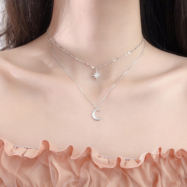 Silver Plated Star Moon Necklace Boho Bloom