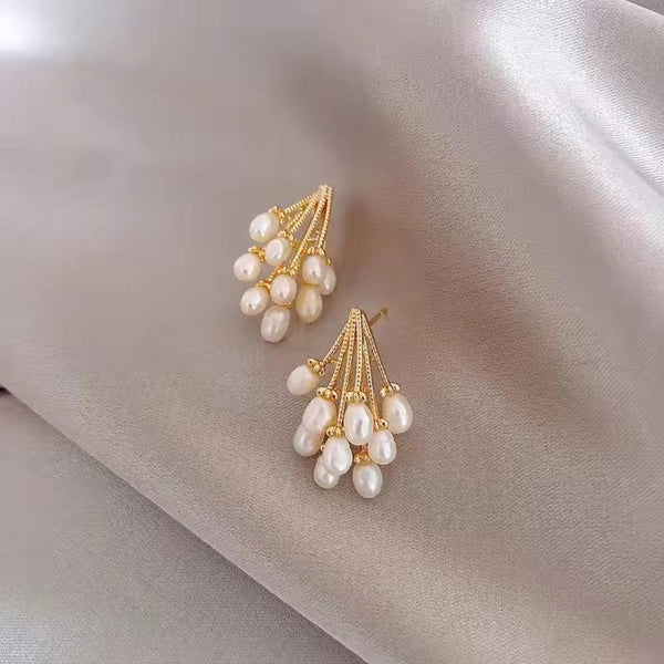 Gold and Pearl Cluster Earrings Boho Bloom