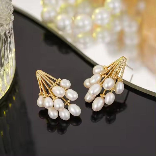 Gold and Pearl Cluster Earrings Boho Bloom