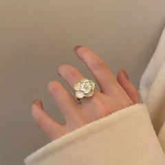 Gold Pearl Flower Open Ring Boho Bloom