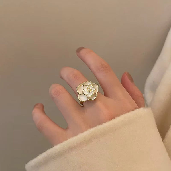 Gold Pearl Flower Open Ring Boho Bloom